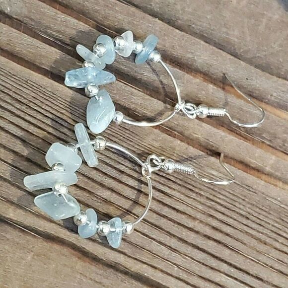 Handcrafted Baroque Aquamarine Gemstone Sterling Silver Plated Hoop Earrings - Picture 8 of 8